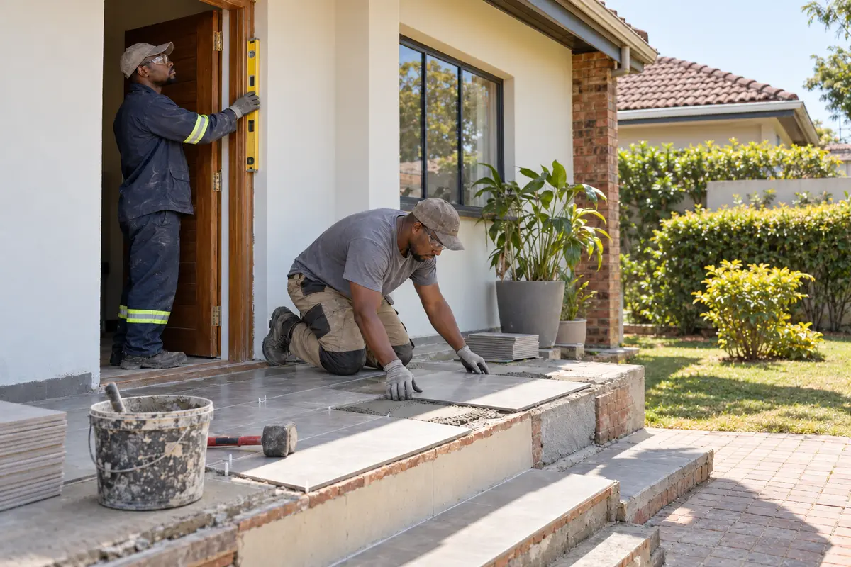 Two South African workers renovating a home entrance